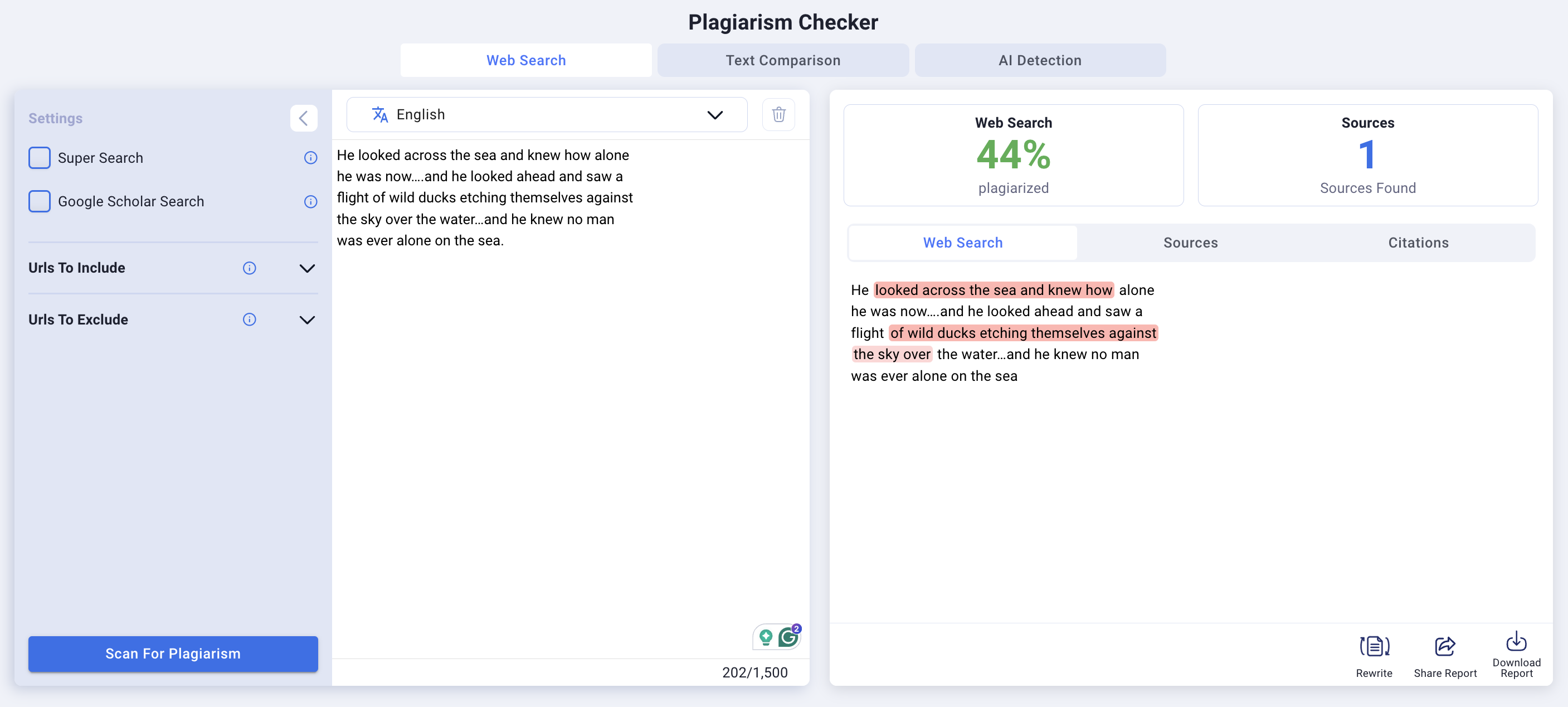 Smodin’s screenshot of the Plagiarism checker showing 44% plagiarism. 